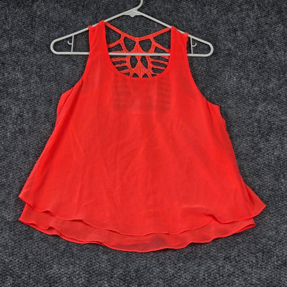 E&M Women S Tank Top Coral Orange Crochet Lace Back Double Layer Chiffon